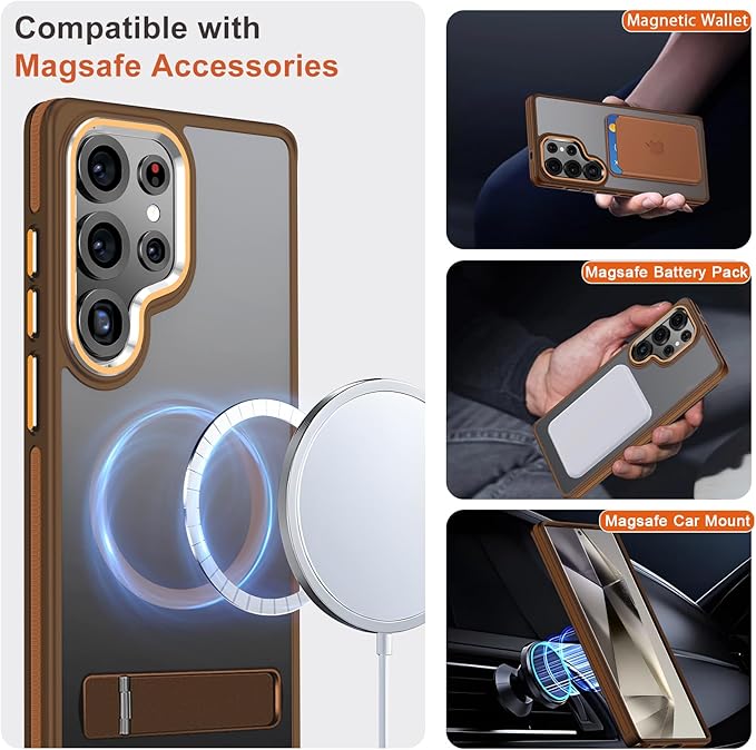 Case for Samsung Galaxy S25 Ultra, Compatible with Magsafe, [Invisible & Adjustable Stand] for Matte Translucent Cover, Anti-Slip Shockproof Slim Phone Case for Galaxy S25 Ultra (Brown)
