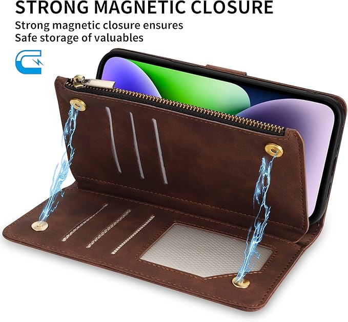 ZZXX For iPhone 14 Plus Case Wallet With [RFID Blocking] Card Slot Premium Soft PU Leather Zipper Flip Folio With Wrist Strap Kickstand Protective Cover For iPhone 14 Plus Wallet Case(Coffee-6.7 inch)