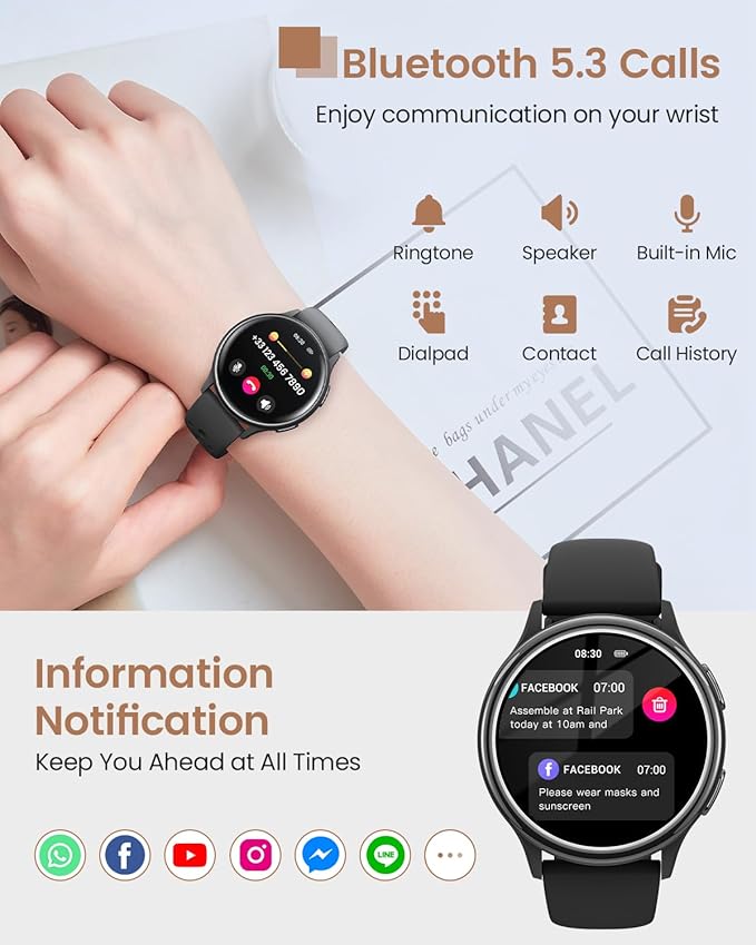 Samrt Watches for Women Men, 42mm Smart Watch with 400+ Watch Face, 70+ Sport Modes, 24/7 Heart Rate, Sleep Monitor, Answer/Make Calls, Waterproof Activity Fitness Tracker for Android & iPhone (Black)