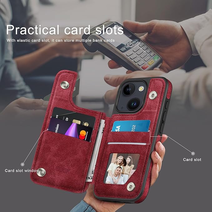 DJDUCK Designed for iPhone 14 Case Wallet with Card Holder, [Magnetic Clasp Cover] [RFID Blocking Leather Protection] Shockproof Women Men Cases 6.1 Inch for Apple 14 Red