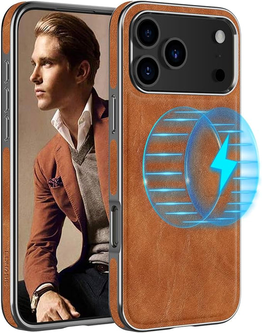 LOHASIC for iPhone 17 Pro Max Case, Compatible with MagSafe, Classic Leather & Luxury Metal Bumper Trim, Magnetic Protective Phone Cases Cover for iPhone 17 Pro Max 6.9" 2025 - Sand Dune