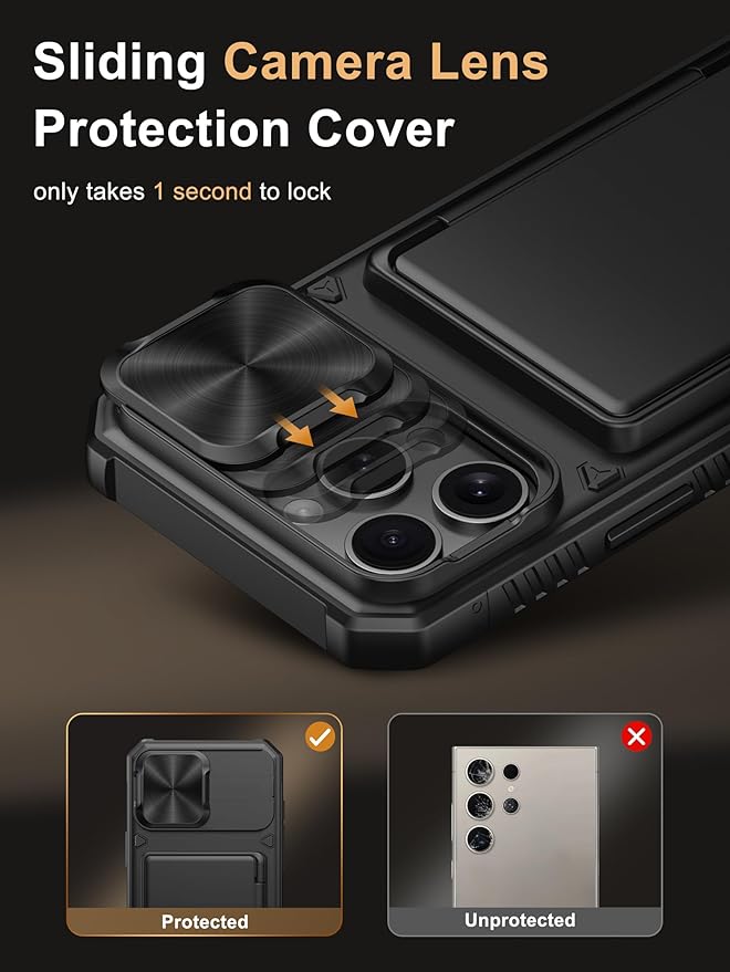 Vihibii for iPhone 16 Pro Max Case with [2X Screen Protector], Built-in Card Holder (4 Cards), [RFID Blocking] & Slide Camera Cover & Tempered Glass Films, Rugged Wallet Case for 16 Pro Max, Black