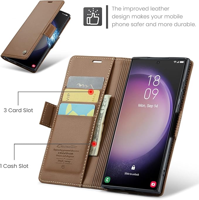 Case for Samsung Galaxy S23 Ultra Wallet Case, RFID Blocking PU Leather Flip Folio Cover Card Holder Kickstand Shockproof Phone Case Compatible with Samsung Galaxy S23 Ultra, Brown