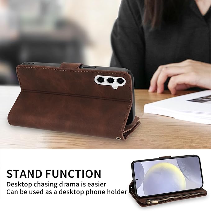 ZZXX for Samsung Galaxy S24 Plus Wallet Case with RFID Blocking Card Slot PU Leather Zipper Flip Folio with Strap Kickstand Protective Cover for Samsung Galaxy S24+ Case Wallet(Coffee-6.7 inch)