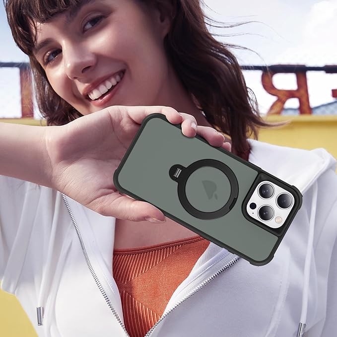 Compatible with iPhone 16 Pro Case with Invisible Magnetic 360°Spin Stand,Military-Grade Shockproof Protection [Compatible with Mag-Safe] Non-Slip Edge Translucent Case (6.3",Black)