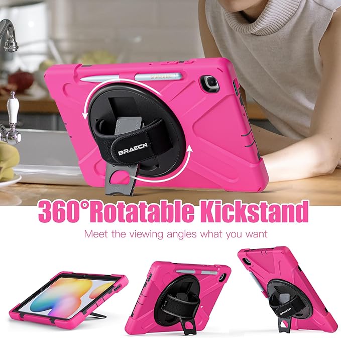 BRAECNstock for Samsung Galaxy Tab S6 Lite Case 10.4 inch 2024/2022/2020 (SM-P620/P610/P615/P619) Shockproof Protective Tab S6 Lite Case Kids with Pencil Holder Rotating Stand & Hand Strap - Rose Red