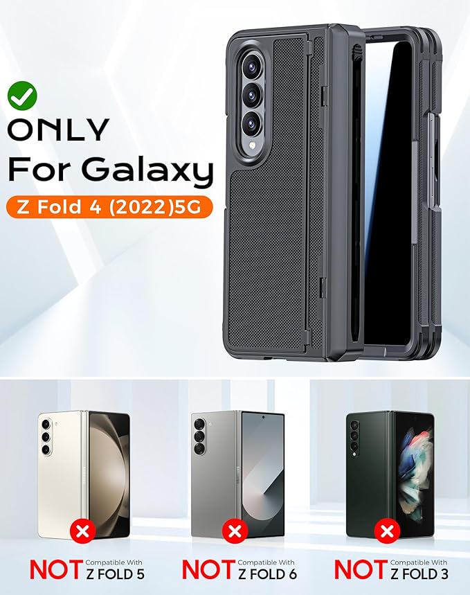 for Galaxy Z Fold 4 Case, S Pen Holder & Privacy Screen Protector & Kickstand & Hinge Protection, Slim Rugged Military-Grade Shockproof Protective Phone Case for Samsung Fold 4 (Black)