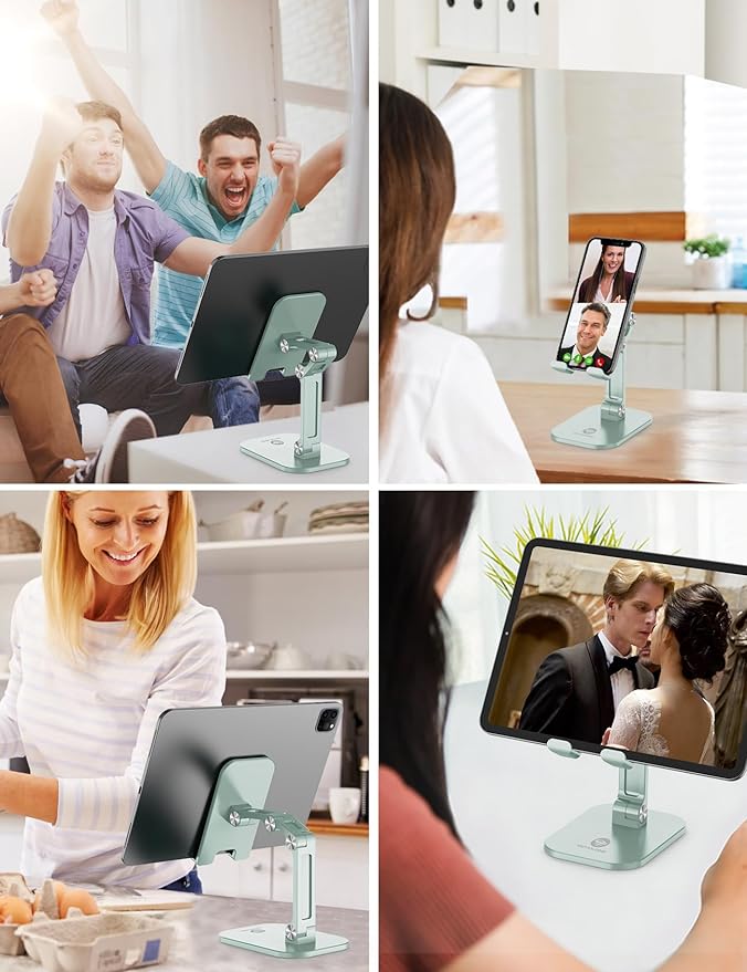 OCYCLONE Phone Stand, Adjustable Height and Angle Foldable Cell Phone Stand Holder for Desk, Taller iPhone Stand Compatible with 4.7"-13" Smartphones iPad Tablet, Light Green