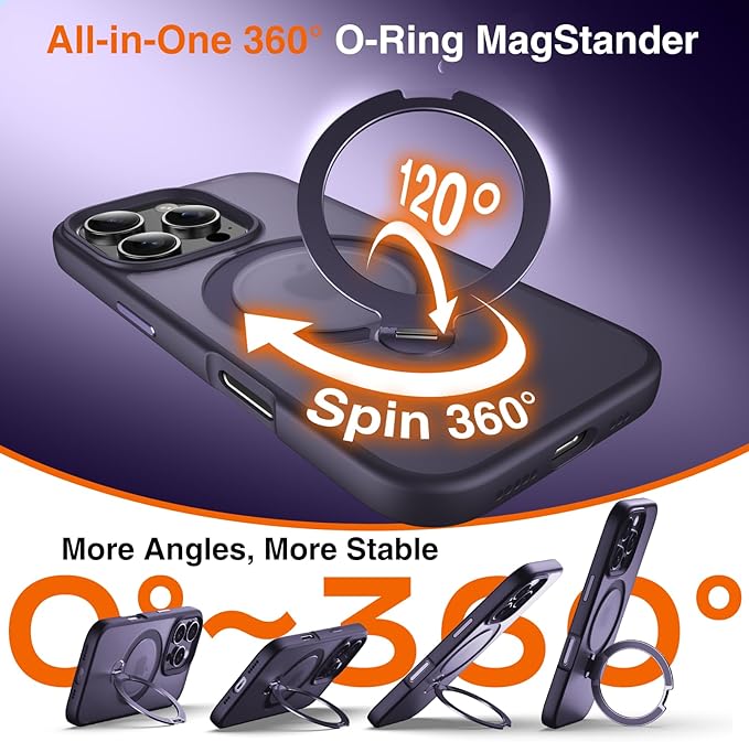 360° O-Ring MagStander for iPhone 16 Pro Case with Magnetic Kickstand Ring Holder [Compatible with MagSafe][360°Rotate Stand Ring][Military Shockproof] iPhone 16 Pro Phone Cover Matte Purple