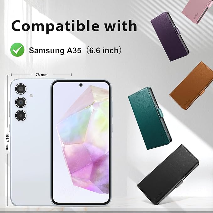 Wallet Flip Case for Samsung Galaxy A35 5G - [RFID Blocking] Luxury PU Leather Card Holder Magnetic Phone Cover with Kickstand,Shockproof Protective Case,Brown