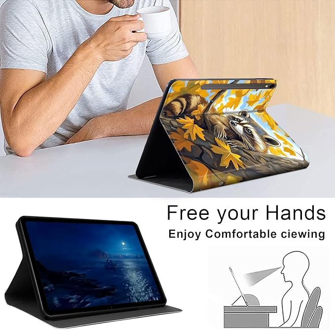 Case for Samsung Galaxy Tab S10 FE/ S9 FE 5G 10.9 Inch/Tab S9 11 Inch, Slim PU Leather Stand Cover with Auto Wake/Sleep, Multi-Angle Viewing & Shockproof, Raccoon Perched