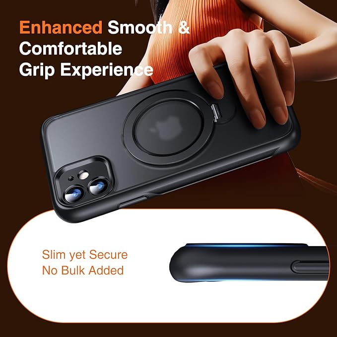 360° O-Ring MagStander for iPhone 11 Case with Magnetic Kickstand Ring Holder [Compatible with MagSafe][360°Rotate Stand Ring][Military Shockproof] Magnet iPhone 11 Phone Cover Matte Black