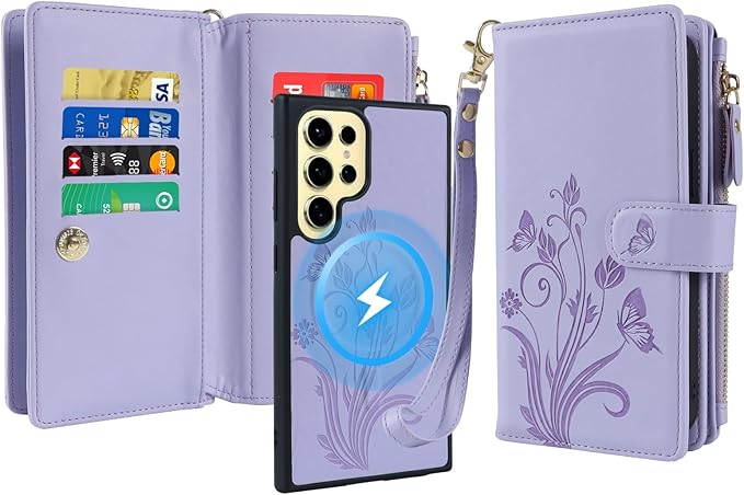 Lacass for Samsung Galaxy S24 Ultra Case Wallet,Compatible with MagSafe 2 in 1 Magnetic Detachable PU Leather RFID Blocking Wallet Cover Card Holder Zipper Wrist Strap Lanyard,Floral Light Purple