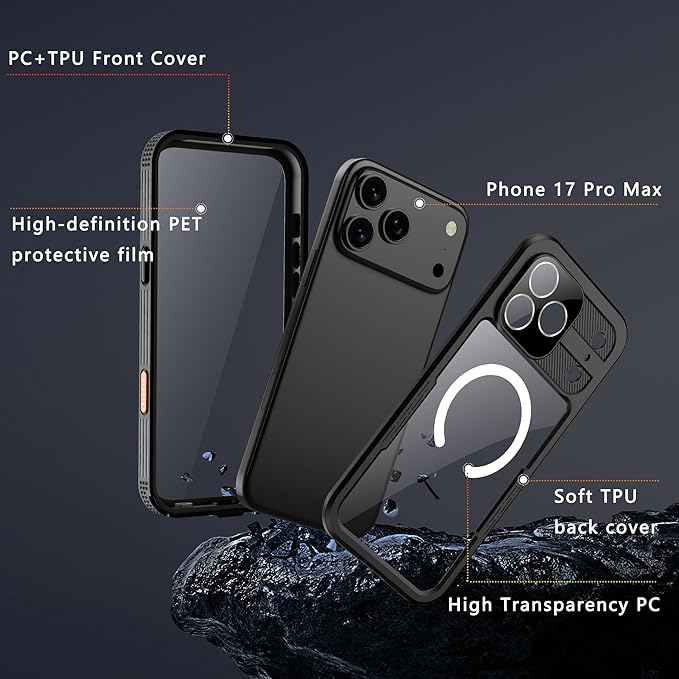 GOLDJU Magnetic for iPhone 17 Pro Max Case-Waterproof, Built-in Screen & Camera Protector-IP68 Underwater Full Body 16FT Military Dropproof Shockproof Case for 17 Pro Max 6.9''- Black