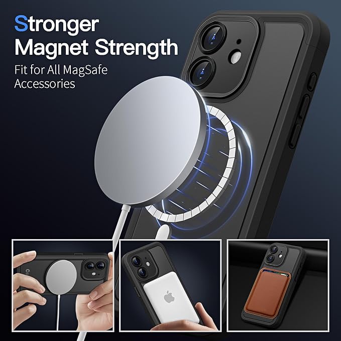 COOLQO Magnetic for iPhone 12 Case, Compatible with MagSafe, Dual Layer Design Military Grade Protection, Translucent Matte Scratch-Resistant Back Protective Shockproof Phone Case, Black