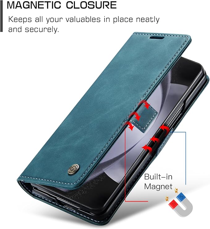 for Samsung Galaxy Z Fold5 Case, Flip Wallet Leather Case with Card Holder Magnetic Closure Shockproof Kickstand Protective Phone Cases Cover for Samsung Galaxy Z Fold5,Blue-Green