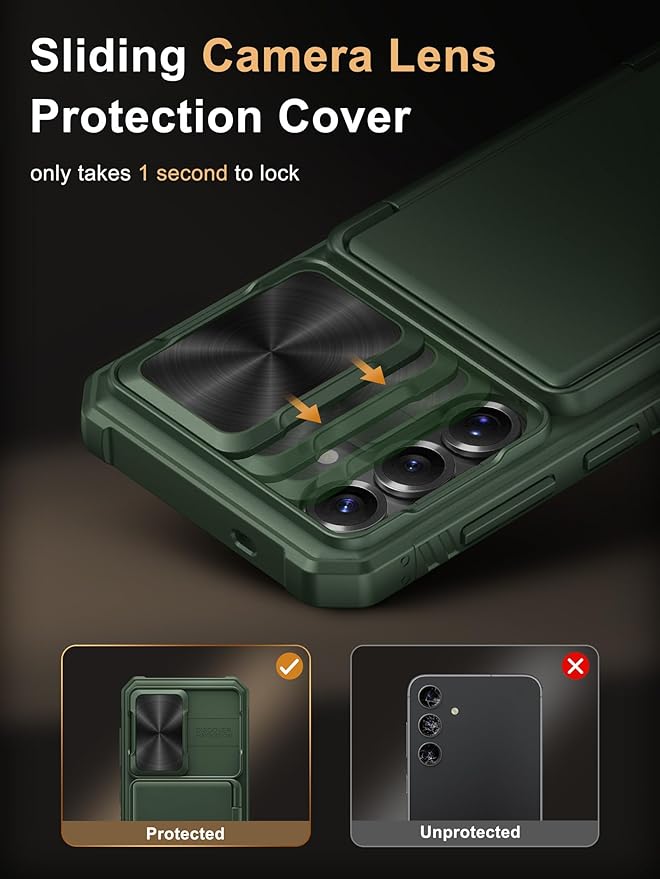 Vihibii for Samsung Galaxy S25 Wallet Case, Built-in Card Holder (4 Cards), [RFID Blocking] & Slide Camera Cover, Military Grade Drop Protection, TPU Soft Edge Case for Samsung Galaxy S25, Green