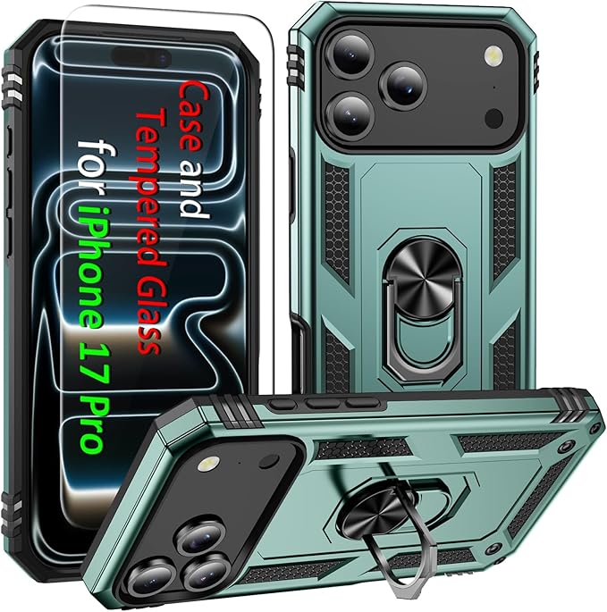 ADDIT Compatible with iPhone 17 Pro Case with Tempered Glass Screen Protector, Adjustable Kickstand Ring, Military-Grade Heavy Duty Protection, Shockproof, Anti-Fingerprint,Teal