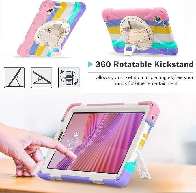 ProCase Rugged Case for Lenovo Tab One/K9 8.7 Inch 2025, Heavy Duty Shockproof Rugged Protective Cover Rotating Kickstand with Handle Holder Shoulder Strap for Lenovo Tab One/K9 -Colorful