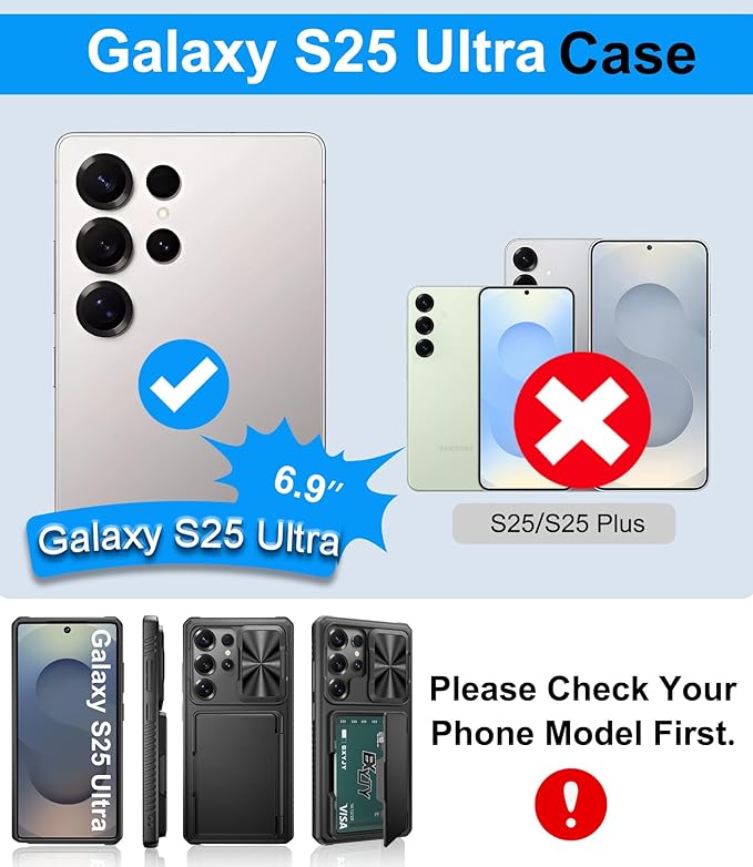 for Samsung Galaxy S25 Ultra Case Wallet, Card Holder (4-5 Cards), RFID Block, Slide Camera Cover, Military Grade Shockproof, Rugged Heavy Duty Men Women Phone Case for Samsung S25 Ultra, Black