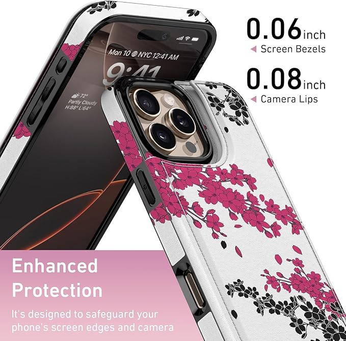 FUNMIKO for iPhone 16 Pro Wallet Case with Card Holder, RFID-Blocking, Military-Grade Protection & UV-Printed Artwork, Magnetic Closure with Leather Kickstand - Dramatic Blossom Drift