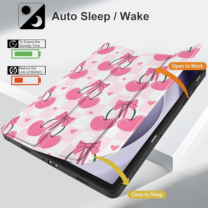 MEEgoodo Case for Samsung Galaxy Tab A9 Plus 11 inch Cover 2024 2023 with S Pen Holder,A9+ Smart Tablet Cases with Leather Trifold Stand+Soft TPU Back Shell+Smart Auto Wake/Sleep,Pink Cherries & Bows