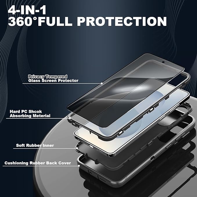 Designed for Samsung Galaxy S25 Edge Case [with Privacy Screen Protector] 3-Layer Full Body Protection Rugged Shockproof Heavy Duty Phone Case Cover, Black