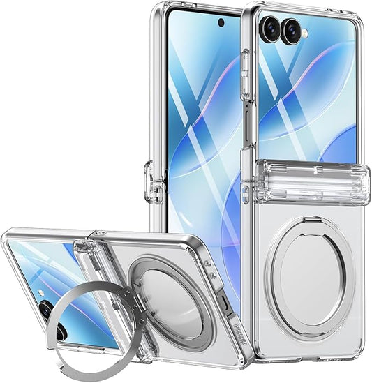 for Samsung Z Flip 7 Case, Magnetic Stand Ring Compatible with Magsafe, Transparent Cover with Hinge Protection, Slim Mil-Grade Drop Tested Phone Case for Galaxy Z Flip 7 2025 (Clear)