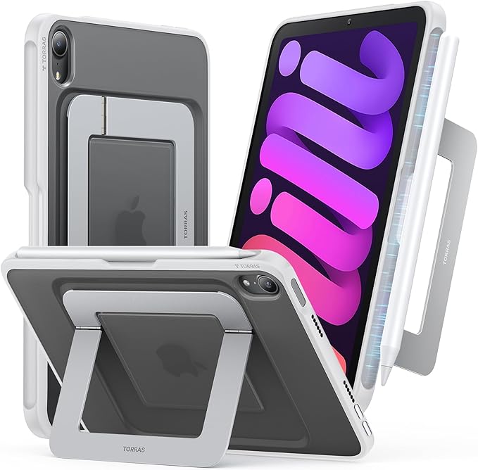 TORRAS for iPad Mini 7 A17 Pro Case, iPad Mini 6 Case with Pencil Holder, Ultra Stable Stand, Multiple Adjustable Viewing Angles, Slim Protective Kickstand Cover, Translucent iPad Mini 6th Case, White