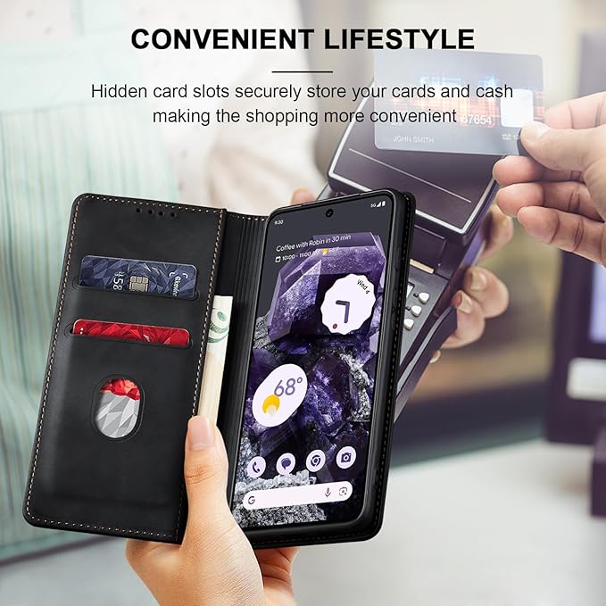 Jasonyu Flip Wallet Case for Google Pixel 8,Leather Magnetic Folio Cover with Card Holder,Kickstand - TPU Shockproof Durable Protective Phone Case,Black