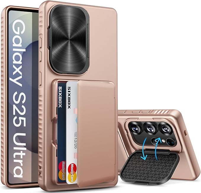 for Samsung Galaxy S25 Ultra Case with Card Holder & Camera Lens Cover Stand, Military Grade Drop Protection Shockproof Rugged Wallet Protective Phone Case for S25 Ultra 6.9" 2025, Rose Gold