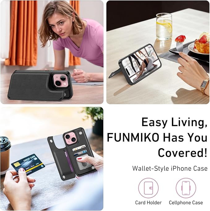 FUNMIKO for iPhone 13 Mini Wallet Case with Card Holder, RFID-Blocking, Military-Grade Protection & UV-Printed Artwork, Magnetic Closure with Leather Kickstand - Black