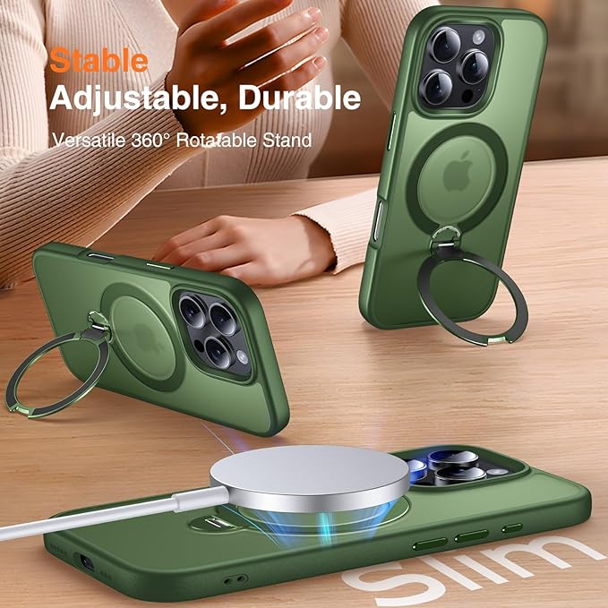 360° O-Ring MagStander for iPhone 16 Pro Max Case with Magnetic Kickstand Ring Holder [Compatible with MagSafe][360°Rotate Stand][Military Shockproof] iPhone 16 Pro Max Phone Cover Green