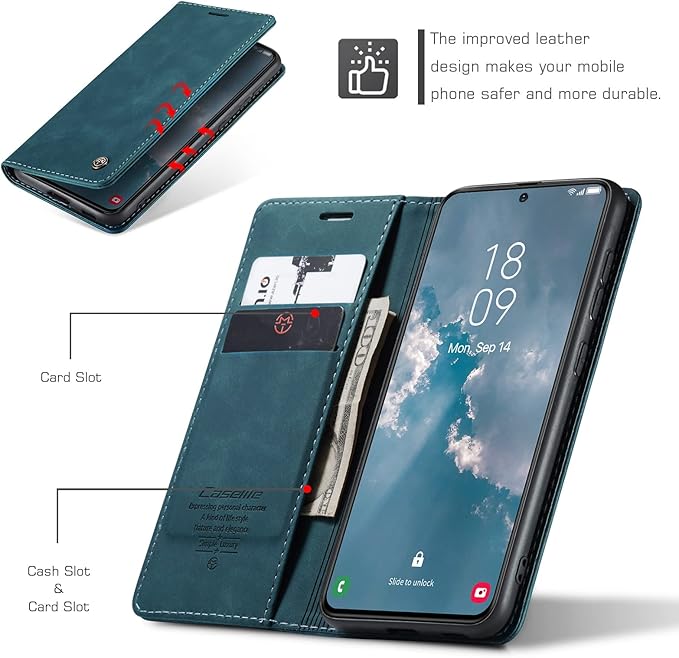 for Samsung Galaxy S23 5G Case, Flip Wallet Leather Case with Card Holder Magnetic Closure Shockproof Kickstand Protective Phone Cases Cover for Galaxy S23 5G 6.1 Inch,Blue-Green