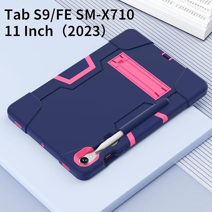 case for Galaxy Tab S10 FE / S9 (2023) 11" / S9 FE / S7 / S8 Case, Soft Silicone & Hard Pc 3-Layer Military Protector Cover for Tab S10 FE with S-Pen Holder Stand Navy Blue+Rose Red