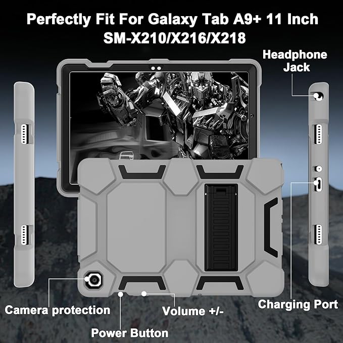 CCMAO Case for Samsung Galaxy Tab A9+ 11”(SM-X210/X216/X218), Heavy Duty Shockproof Hard Hybrid Three Layer Protective Cover with Kickstand for Galaxy Tablet A9 Plus 2023 for Kids, Gray+Black