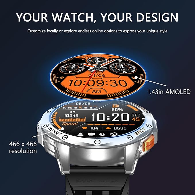 Military Smart Watch for Men & Women, 1.43" AMOLED Smartwatch with 100+ Sport Modes,Heart Rate Monitor, Compass, Flashlight, GPS, Compatible iOS & Android (Silver)