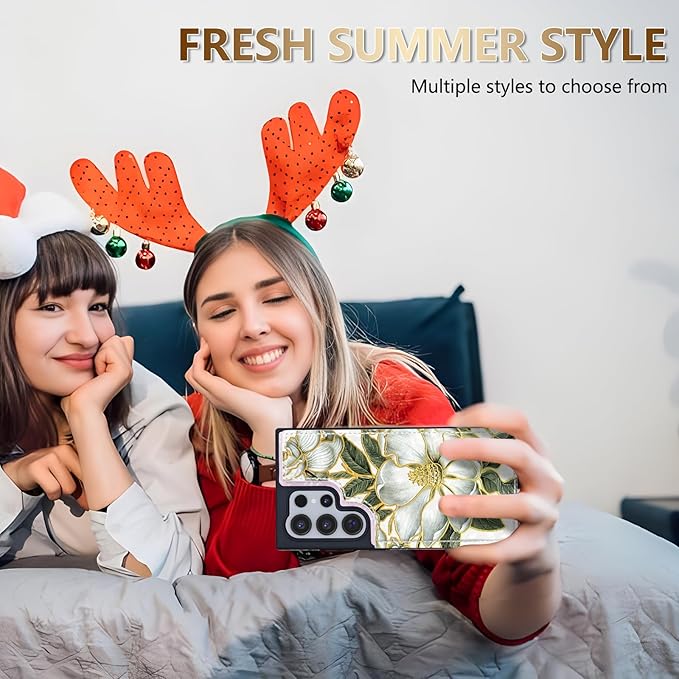 NNH Compatible with Samsung Galaxy S25 Ultra Wallet Case with RFID Blocking Card Slots Flip PU Leather Kickstand Double Magnetic Clasp Design Cover for Galaxy S25 Ultra(6.8 inch-Magnolia Flowers)