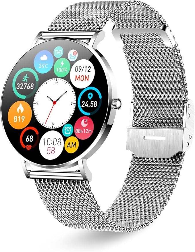 Smart Watch for Men and Women, 1.3 Inch Amoled HD Round Full Touch Screen Watch, Full Metal 6.8MM Ultra-Thin Case, Multiple Sports Modes, Compatible with Androidand iOS (Steel Silver)