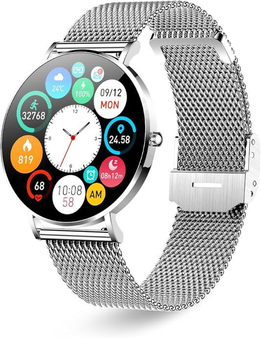 Smart Watch for Men and Women, 1.3 Inch Amoled HD Round Full Touch Screen Watch, Full Metal 6.8MM Ultra-Thin Case, Multiple Sports Modes, Compatible with Androidand iOS (Steel Silver)