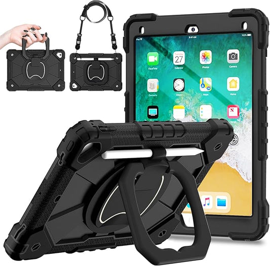 DreamerX Case for iPad 6th Generation 9.7 inch 2018, iPad 5th Gen 2017, iPad Air 2, iPad Pro 9.7'', Shockproof Drop Protective Business Cover with Pencil Holder Rotating Bracket Shoulder Strap, Black