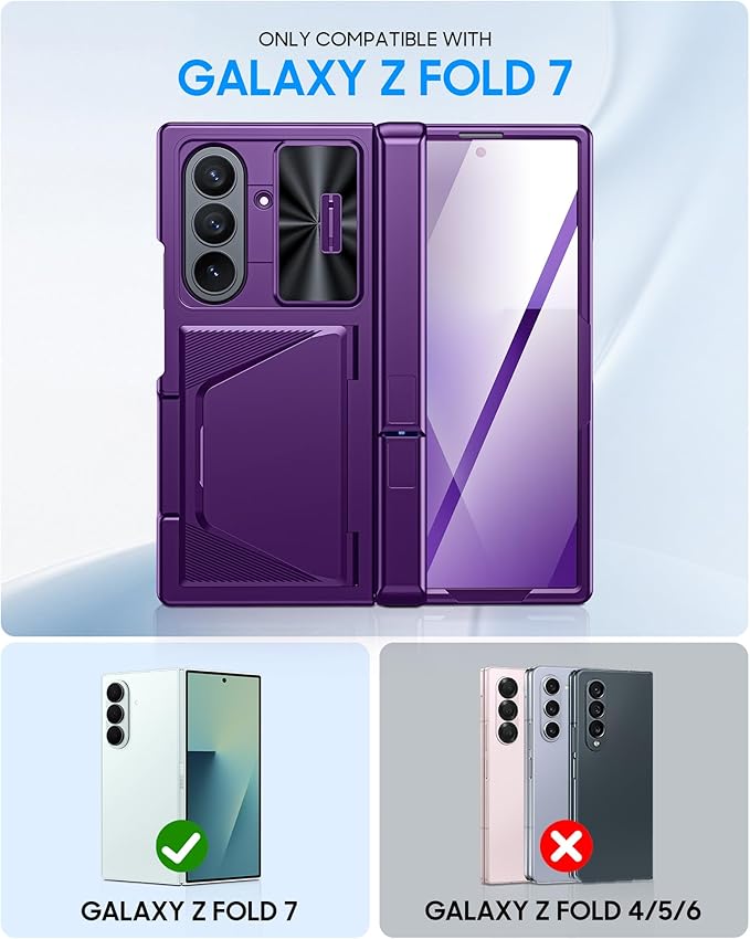for Samsung Galaxy Z Fold 7 Case with Card Holder RFID Blocking, Built in Slide Lens Cover & Hinge Protection & Kickstand & Screen Protector, Shockproof Wallet Case for Z Fold 7 (Purple)