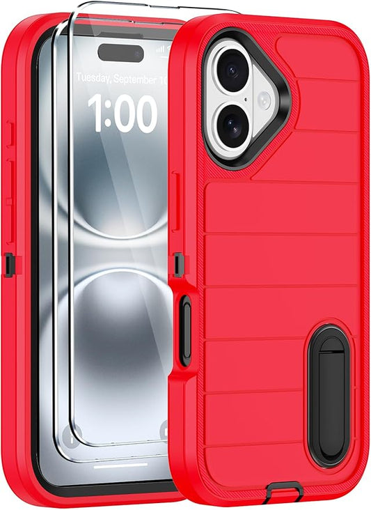 for iPhone 16 Case with 2 Screen Protectors,Heavy Duty Shockproof Drop Protection Military Grade Tri-Layer Rugged Cell Phone Cover with Built-in Invisible Kickstand for Apple 16 6.1“ (Red)