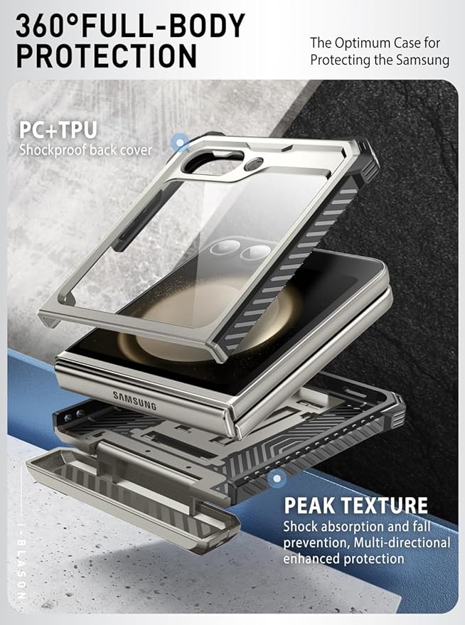 i-Blason for Samsung Galaxy Z Flip 7 FE Case, Z Flip6 Case with Stand, [Built-in Screen Protector] [Hinge Protection] [Belt-Clip], Military Phone Case for Samsung Z Flip 7 FE/6/5, Armorbox, Tigray