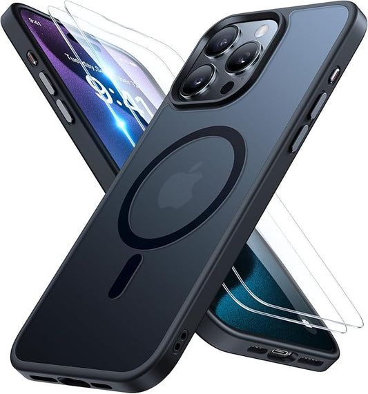 Miracase Magnetic for iPhone 15 Pro Case 6.1 inch (Compatible with MagSafe)（with 2X Screen Protectors）Military-Grade Protection, Anti-Fingerprint Translucent Matte Phone Cover, Black