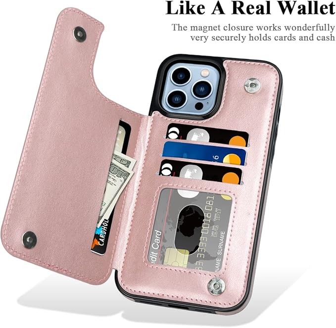 MMHUO for iPhone 14 Pro Max Case with Card Holder,Flower Magnetic Buttons Protective Wallet Case for Women for iPhone 14 Pro Max,Rose Gold