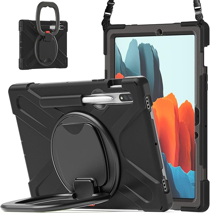 360 Rotation Portable Case for Galaxy Tab S8 11" / Galaxy Tab S7 11 inch Case with S Pen Holder Rugged Case Rotating Stand Hand Strap Shoulder Carrying Strap Outdoor Cover (Black)