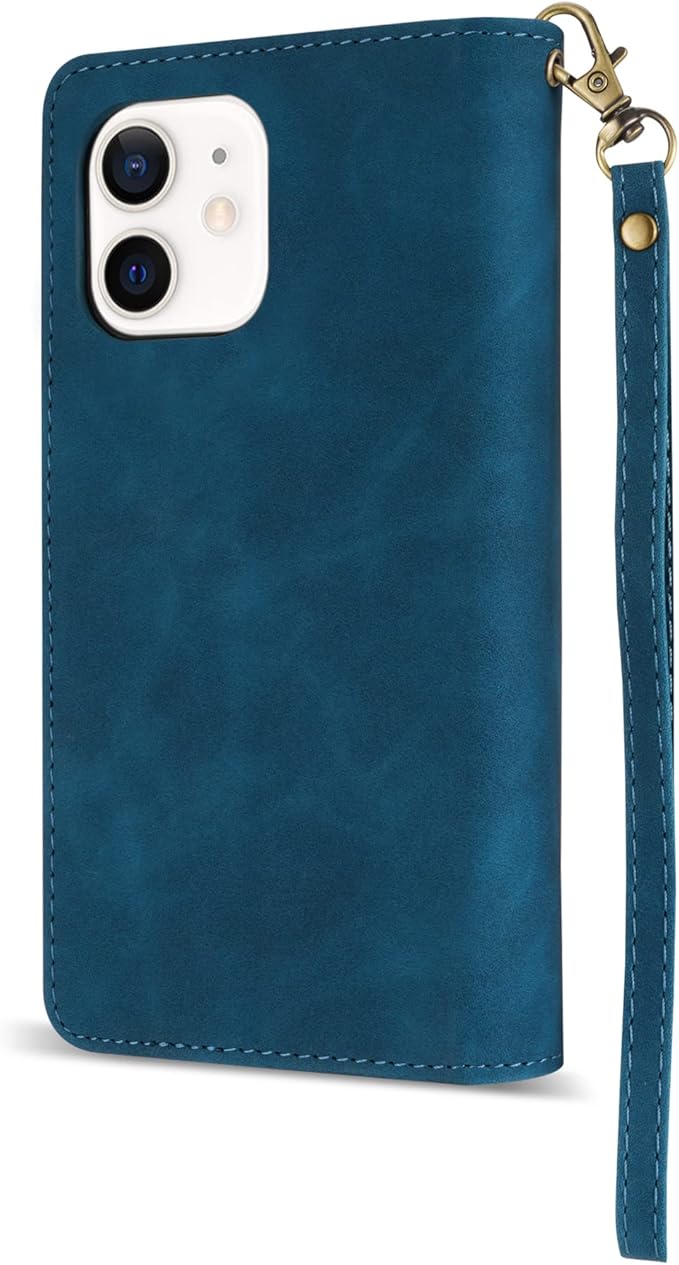 ZZXX for iPhone 12 Mini Wallet Case with Card Slot Premium Soft PU Leather Zipper Flip Folio Wallet with Wrist Strap Kickstand Protective for iPhone 12 Mini Case Wallet(Blue 5.4 inch)
