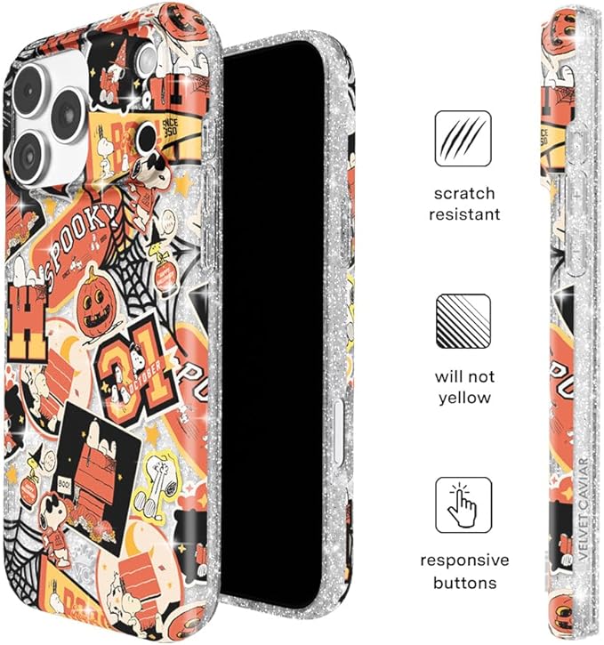VELVET CAVIAR Case for iPhone 17 Pro | Compatible with MagSafe | 10ft Drop Tested | Protective Designer Cases | Halloween Snoopy Varsity Glitter