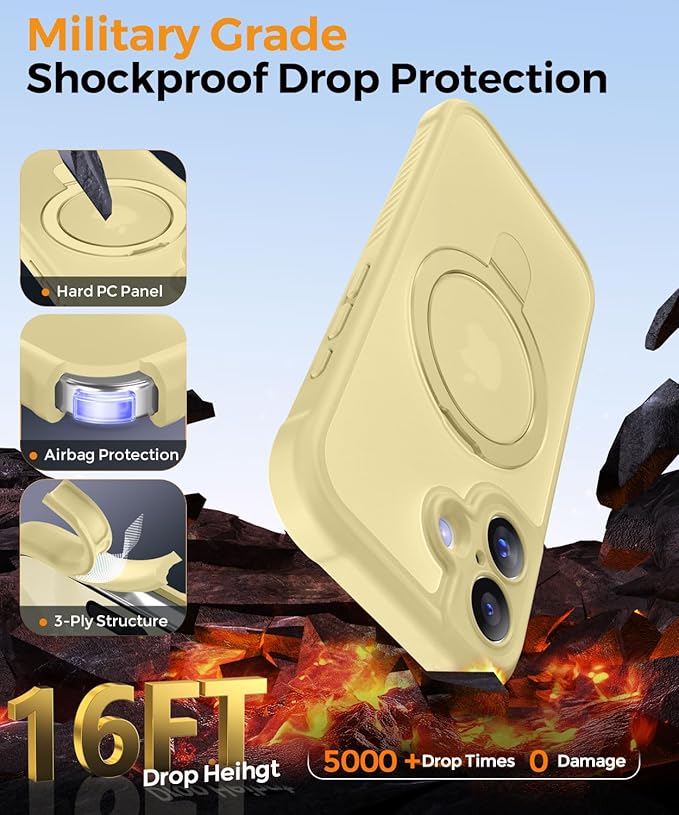 MOCCA Compatible with iPhone 17 Case with Magnetic Invisible Stand [Full Camera Protection] [Compatible with Magsafe] Military Drop Shockproof Translucent Matte Phone Case Cover 6.3",Creamy Yellow